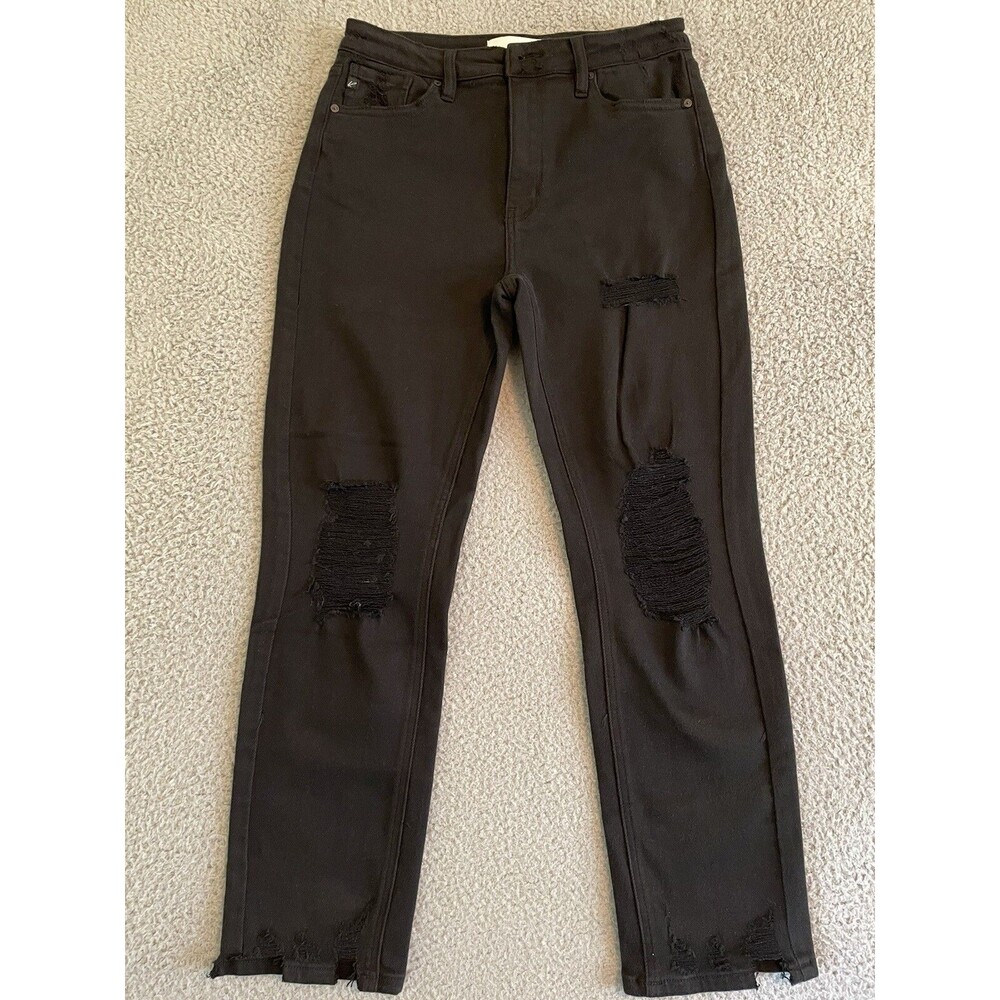 Kancan Womens 9/ 28 Haven Ultra High Rise Slim Straight Jeans Black Distressed